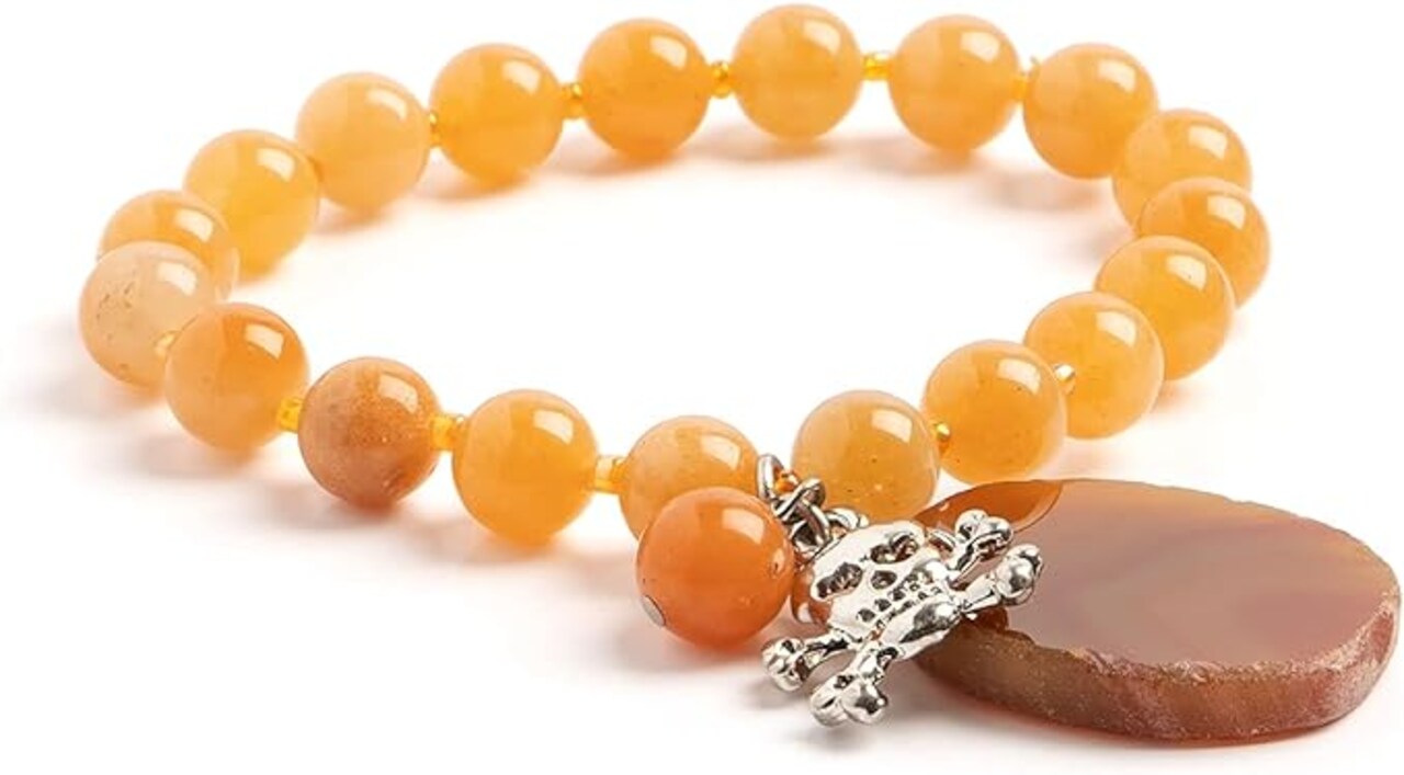 Earth's Jewels Semi-Precious Peach Aventurine Orange Bracelet, Agate & Skull Charm
